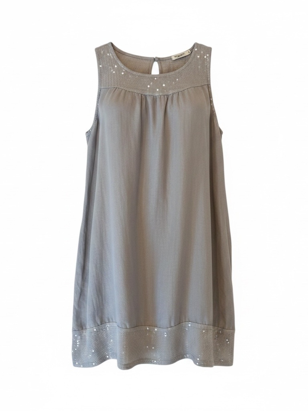 Lungo L’Arno Italy 100% Linen Shift Dress XS Gray Silver Sequin Trim Sleeveless